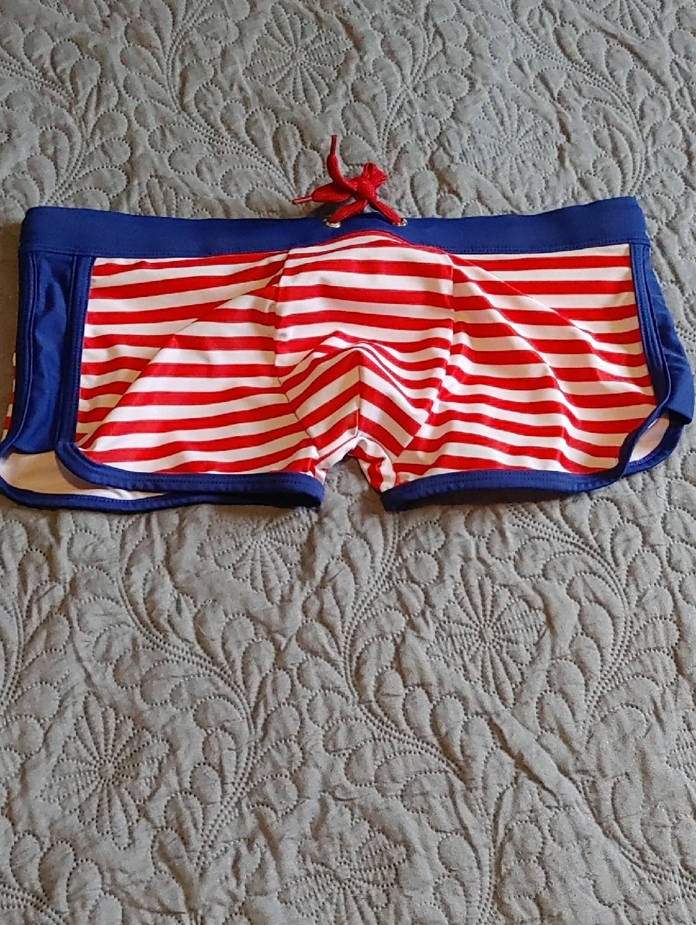 ✅$5 Add On Striped Red & White Men's Swim Trunks with Blue Trim